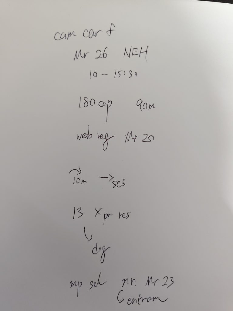 Example of effective TOEFL Listening note-taking, showing how to abbreviate words, use symbols, and record key information quickly during the announcement.