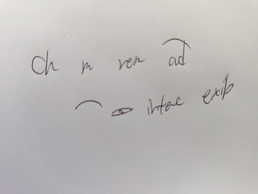 Handwritten TOEFL Speaking Part 1 Listen and Repeat notes showing abbreviated words, symbols, and arrows to capture phrases quickly.