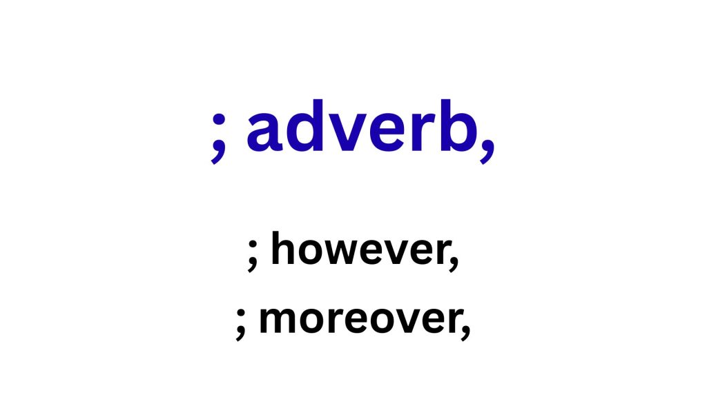 Semicolon and conjunctive adverb examples showing how to use “; however,” and “; moreover,” in English grammar.